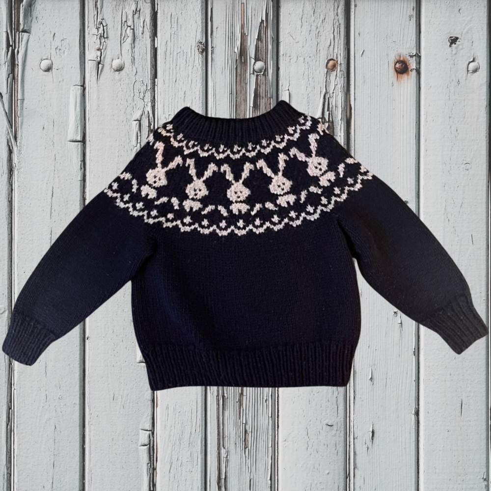 Fair Isle bunny rabbit collar hand knit wool sweater  for toddler 2-4 years